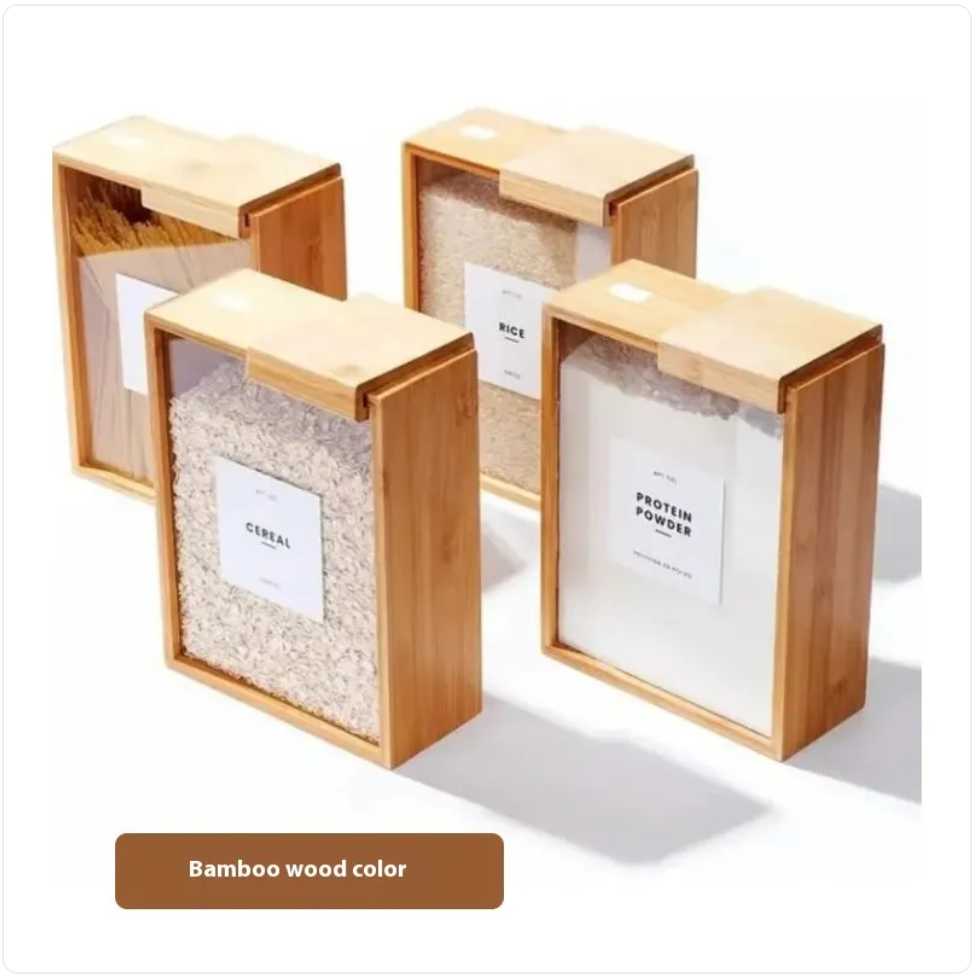 Bamboo Sliding Lid Grain Storage Box - Modern Minimalist Container for Organization
