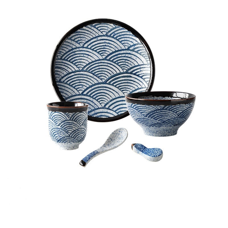 Japanese Traditional Blue Wave Design Plate, Bowl, Cup, & Utensils