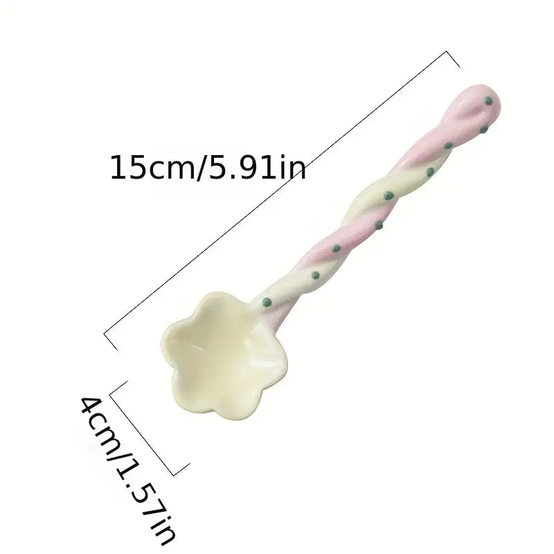 Cherry Blossom Shaped Long Handled Ceramic Spoon - Aesthetic Serving Spoon