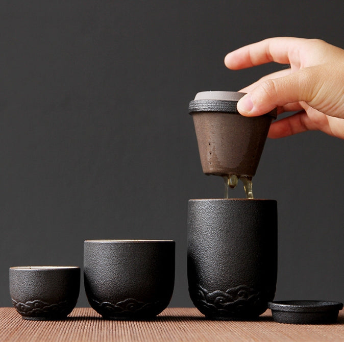 Ceramic Travel Tea Set with Black Clay Cups