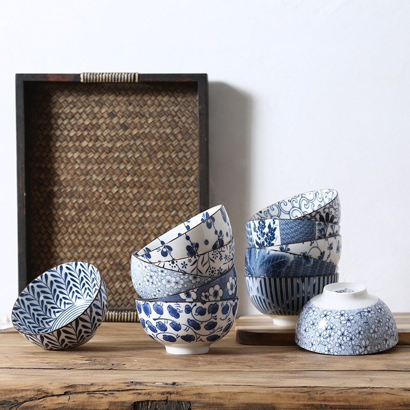 Japanese Traditional Blue Hand Painted Rice Bowls