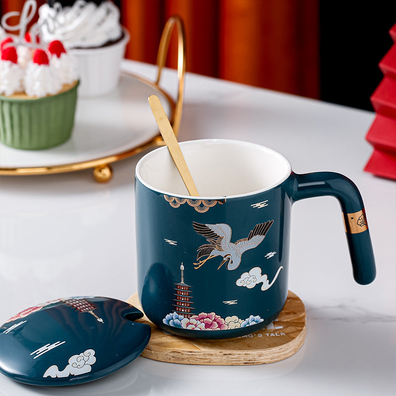 Japanese Traditional Hand Painted Mug - Lotus Crane Cherry Blossom Cup