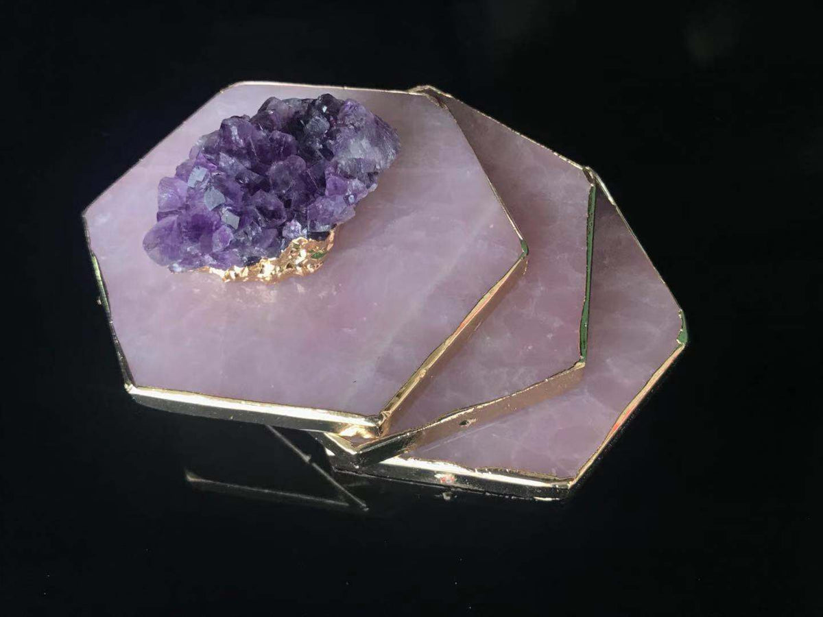 Japanese Natural Rose Quartz Coasters - Pink Crystal Set