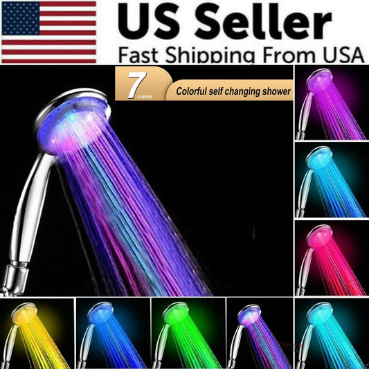 Handheld 7 Color Changing LED Light Water Bath Home Bathroom Shower Head Glow - Water Activated