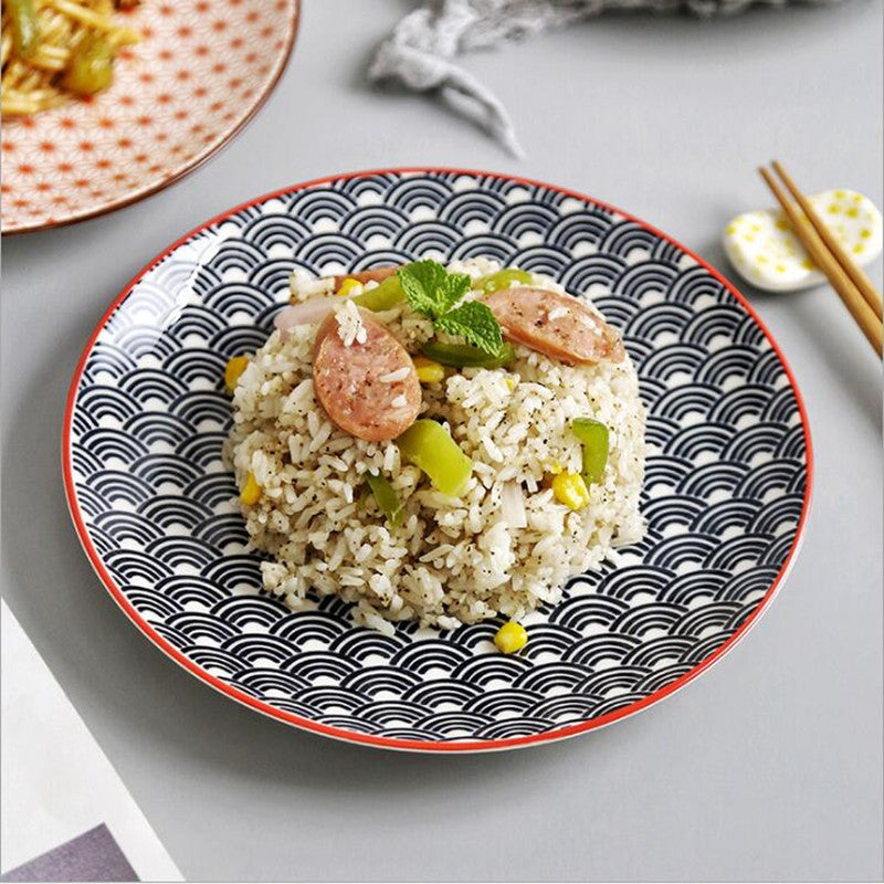 8 inch Plate Set - Traditional Japanese Wave Ripple Dinnerware - 4 Pieces