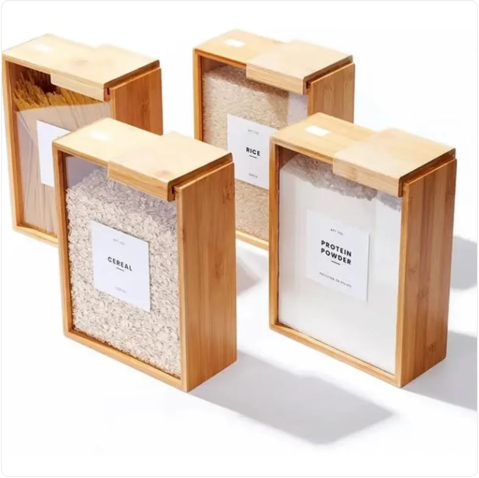 Bamboo Sliding Lid Grain Storage Box - Modern Minimalist Container for Organization