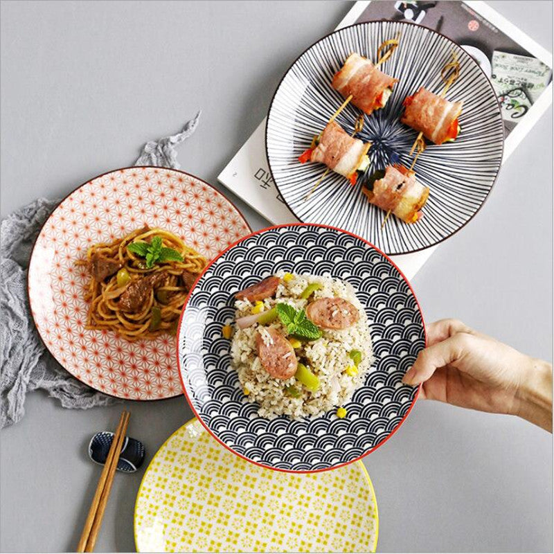 8 inch Plate Set - Traditional Japanese Wave Ripple Dinnerware - 4 Pieces