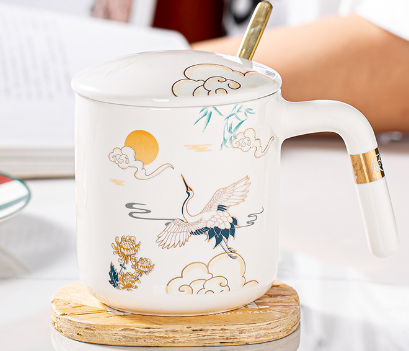 Japanese Traditional Hand Painted Mug - Lotus Crane Cherry Blossom Cup