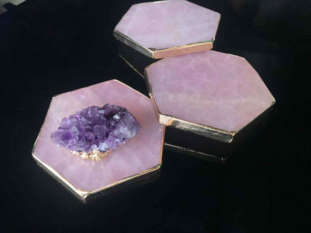 Japanese Natural Rose Quartz Coasters - Pink Crystal Set