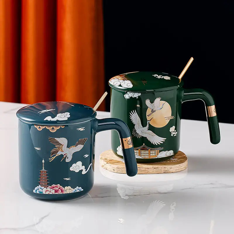 Japanese Traditional Hand Painted Mug - Lotus Crane Cherry Blossom Cup