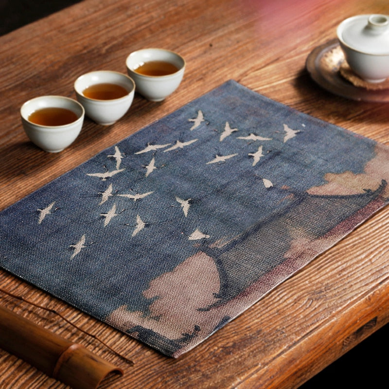 Traditional Japanese Tea Mat - 100% Natural Fibers of Cotton & Linen - Hand Painted Traditional Asian Japanese Place Mat for Dining