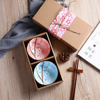 Japanese Blossom Rice Bowls - Ceramic Tableware Set - Authentic Hand Painted Porcelain Bowls