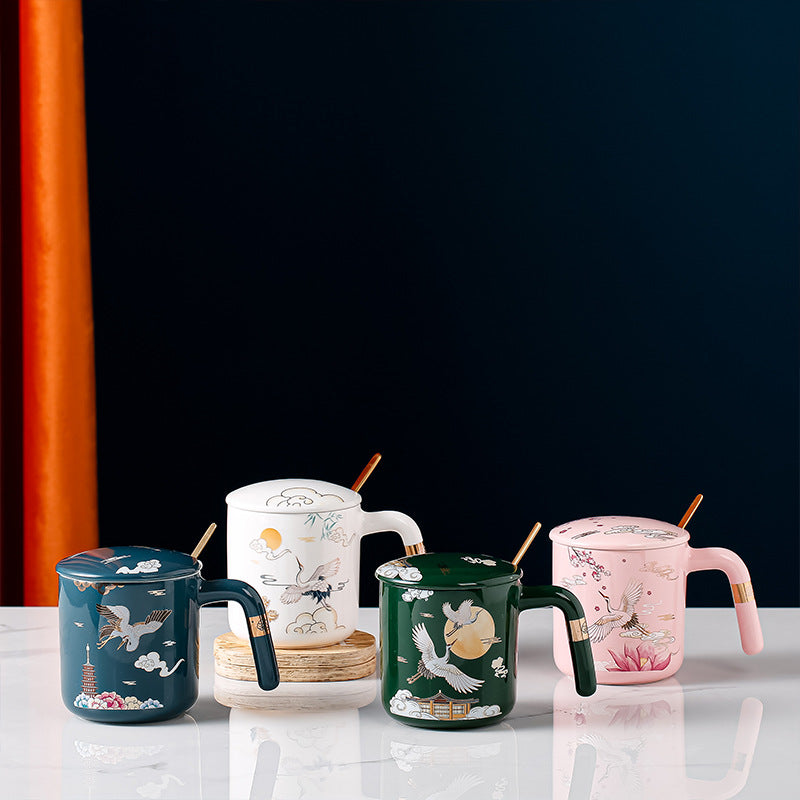 Japanese Traditional Hand Painted Mug - Lotus Crane Cherry Blossom Cup
