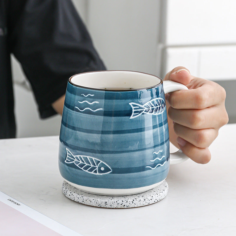 Japanese Large Hand Painted Traditional Blue Indigo Ceramic Mugs