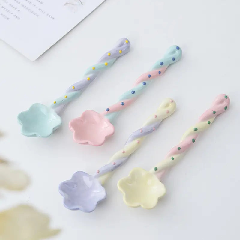 Cherry Blossom Shaped Long Handled Ceramic Spoon - Aesthetic Serving Spoon