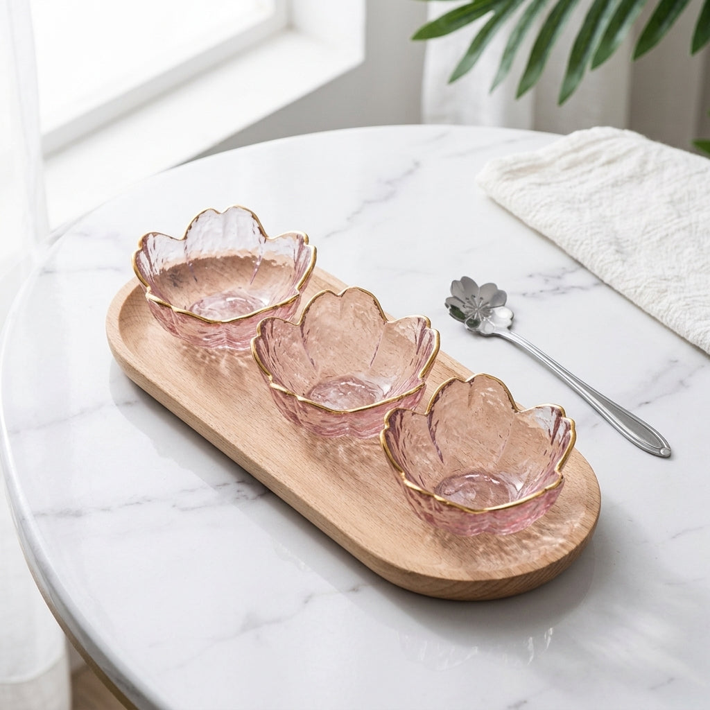 Sakura Sauce Set - 3 Glass Cherry Blossom Dishes, Silver Sakura Spoon, & Wood Serving Tray