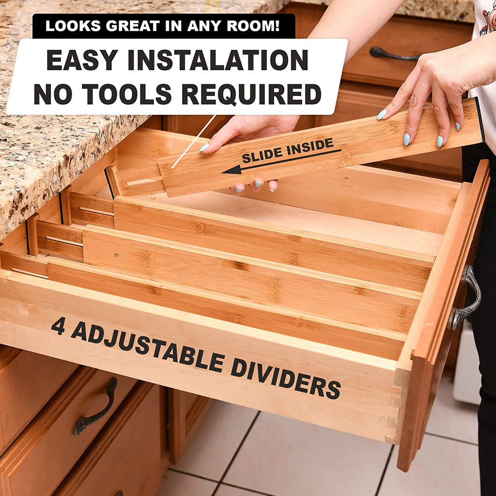 Bamboo Telescopic Drawer Divider for Organizing - Drawer Organizer