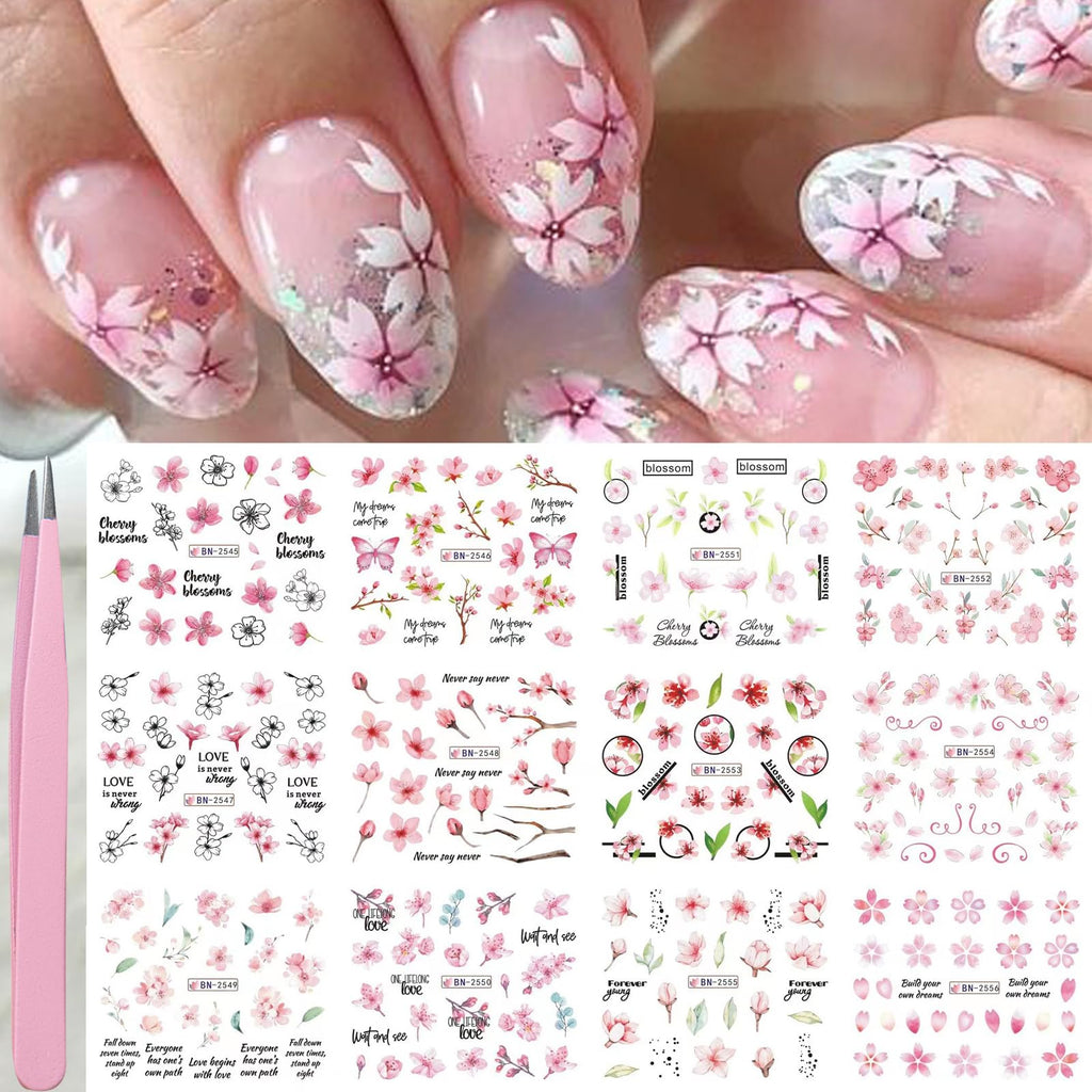 12 Sheets Flower Nail Art Sticker Decals - Spring Pink Peach Blossom Nail Decals Water Transfer Nail Art Supplies Cherry Blossom Flower Nail Accessories for Women Nail Decorations Design.