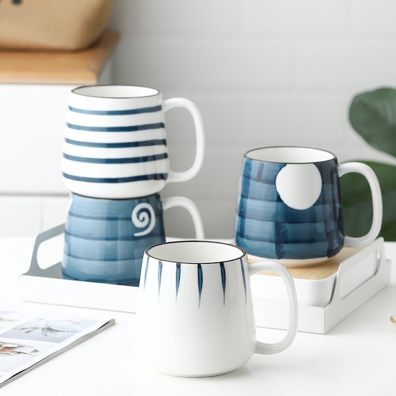 Japanese Large Hand Painted Traditional Blue Indigo Ceramic Mugs