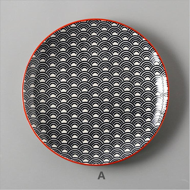 8 inch Plate Set - Traditional Japanese Wave Ripple Dinnerware - 4 Pieces