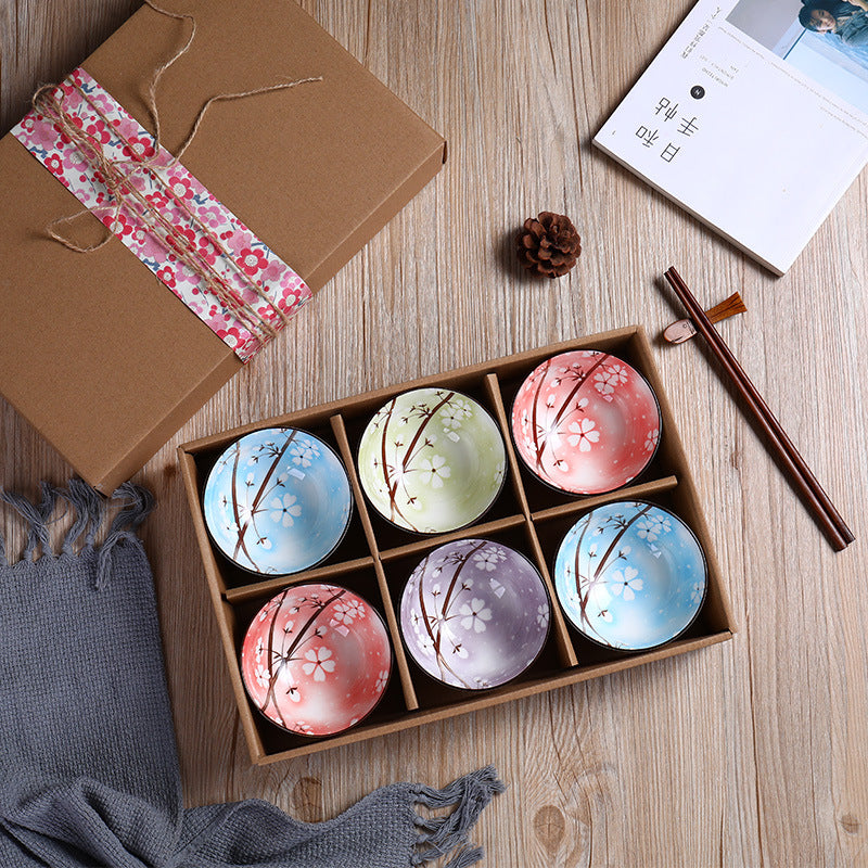 Japanese Blossom Rice Bowls - Ceramic Tableware Set - Authentic Hand Painted Porcelain Bowls