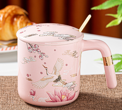 Japanese Traditional Hand Painted Mug - Lotus Crane Cherry Blossom Cup