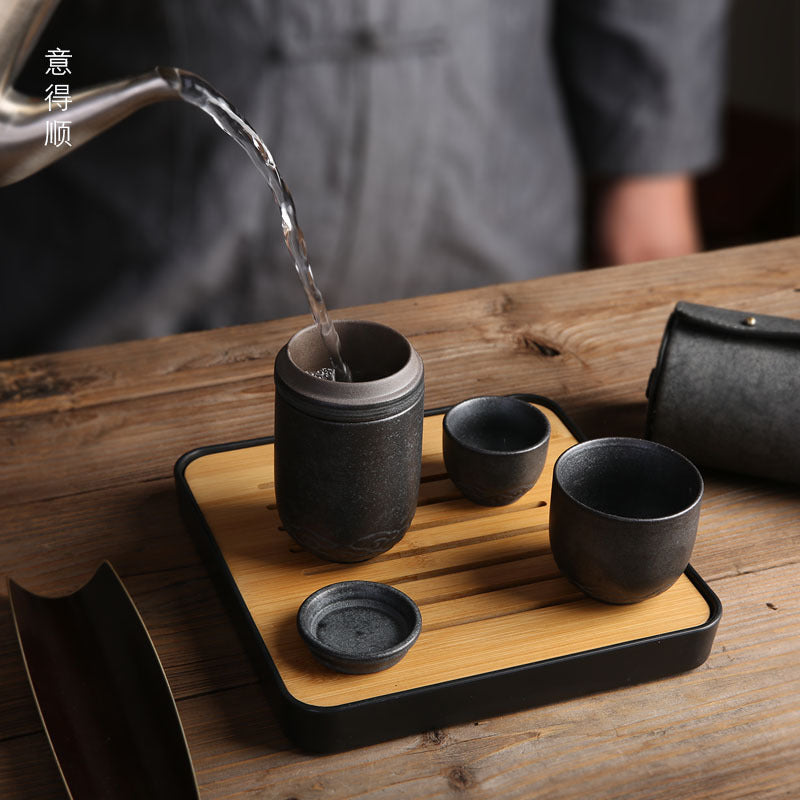 Ceramic Travel Tea Set with Black Clay Cups