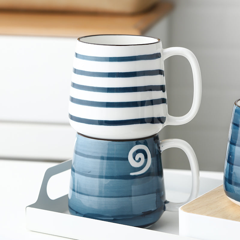 Japanese Large Hand Painted Traditional Blue Indigo Ceramic Mugs
