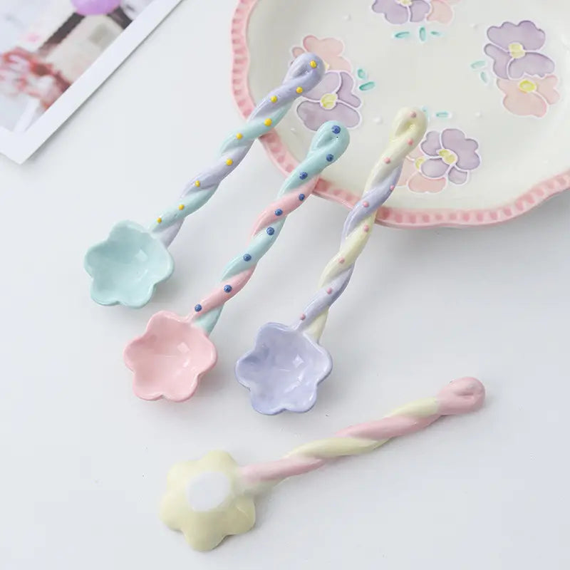 Cherry Blossom Shaped Long Handled Ceramic Spoon - Aesthetic Serving Spoon