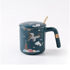 Japanese Traditional Hand Painted Mug - Lotus Crane Cherry Blossom Cup