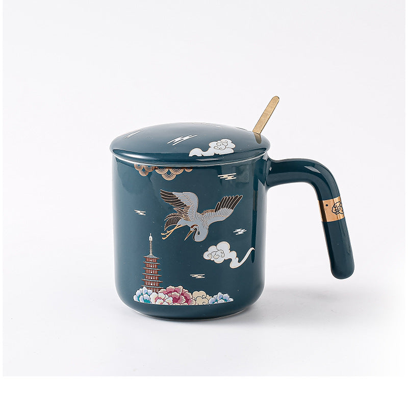 Japanese Traditional Hand Painted Mug - Lotus Crane Cherry Blossom Cup