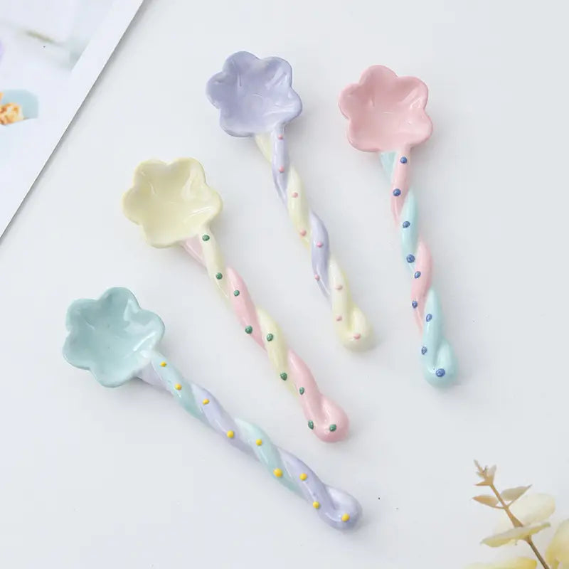 Cherry Blossom Shaped Long Handled Ceramic Spoon - Aesthetic Serving Spoon