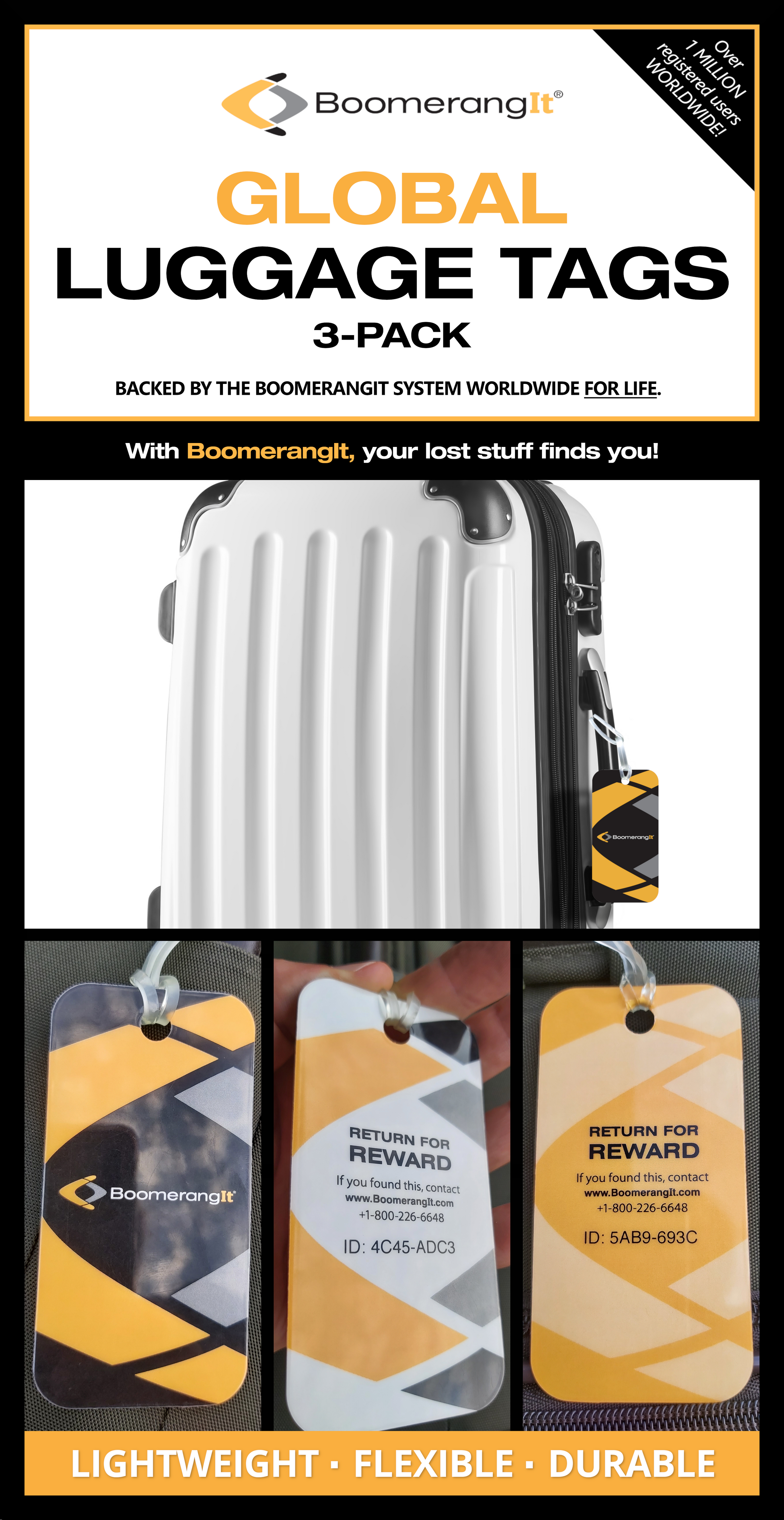 GLOBAL Luggage Tags 3-Pack  + Lost & Found Return Service